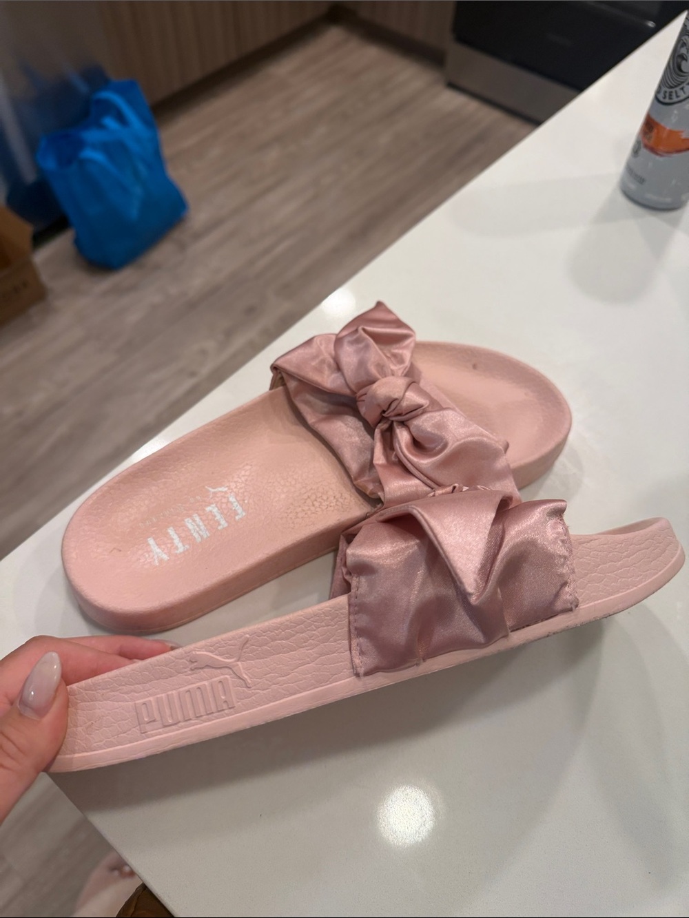 Puma Fenty Satin Bow Slide Sandals in Blush Pink